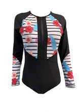 Load image into Gallery viewer, Adult UV50+ Hibiscus and Feathers Long Sleeve Zip Front One Piece
