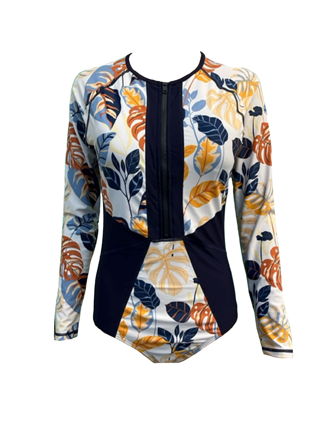 Adult UV50+ Abstract Leaves Long Sleeve One Piece Swimsuit